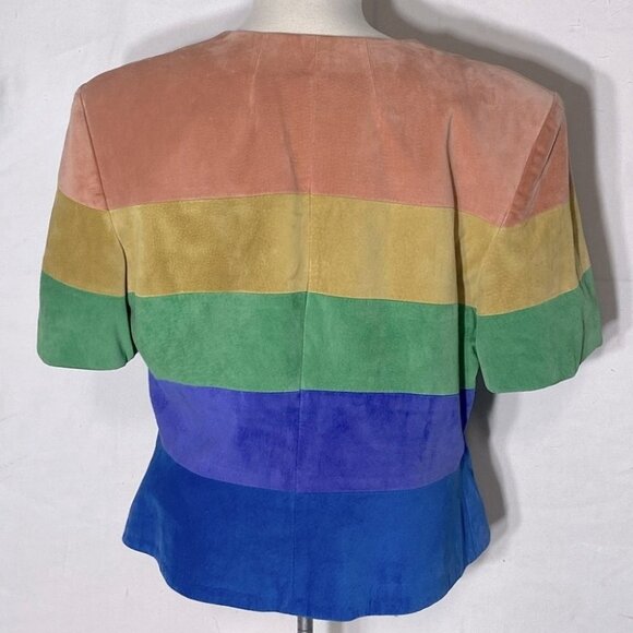 Danier Rainbow Stripe Suede Cropped Button Up Short Sleeve Jacket L - Picture 5 of 13